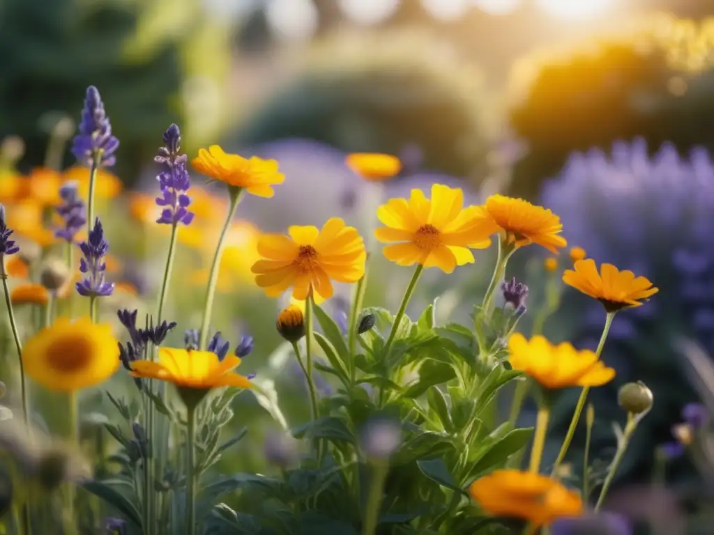 Un jardín herbal vibrante y curativo con plantas medicinales, capturando el poder curativo de la naturaleza