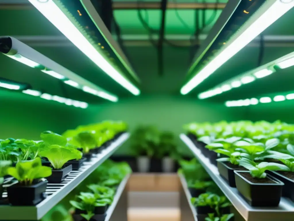 Jardín hidropónico interior con vegetales verdes en contenedores, luces LED y sistema de riego - Guía de supervivencia sequía extrema