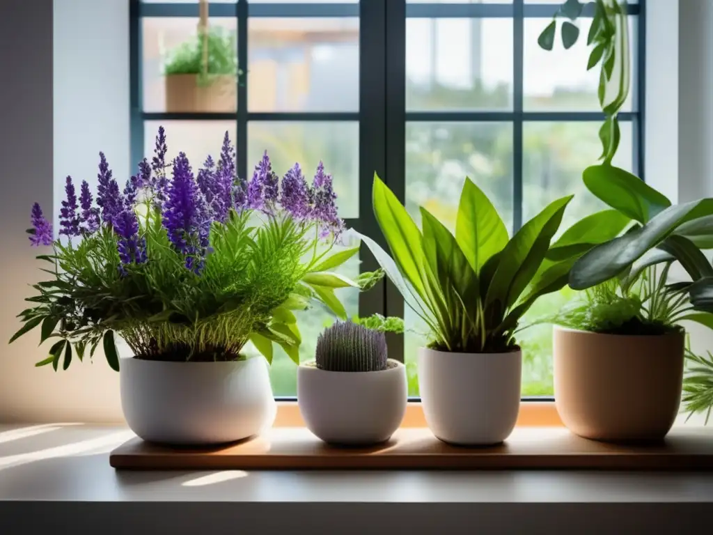 Plantas medicinales para emergencia en jardín interior moderno con Romero, Lavanda y Valeriana