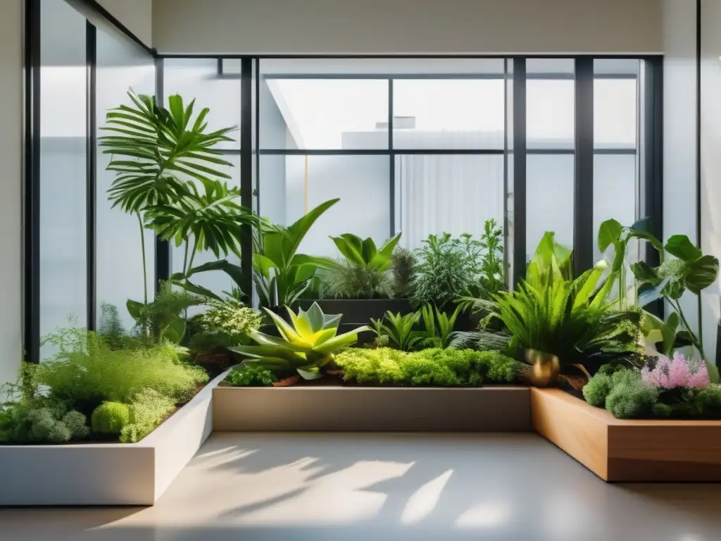 Beneficios del cultivo de plantas aromáticas en interiores: Jardín moderno lleno de plantas fragantes y hermosas, con diseño sofisticado y luz natural