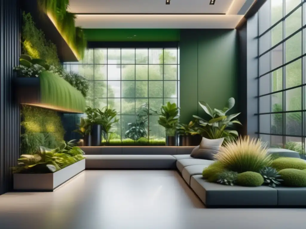 Beneficios del cultivo de plantas aromáticas en interiores: Jardín interior moderno y elegante con plantas verdes exuberantes y diseño minimalista