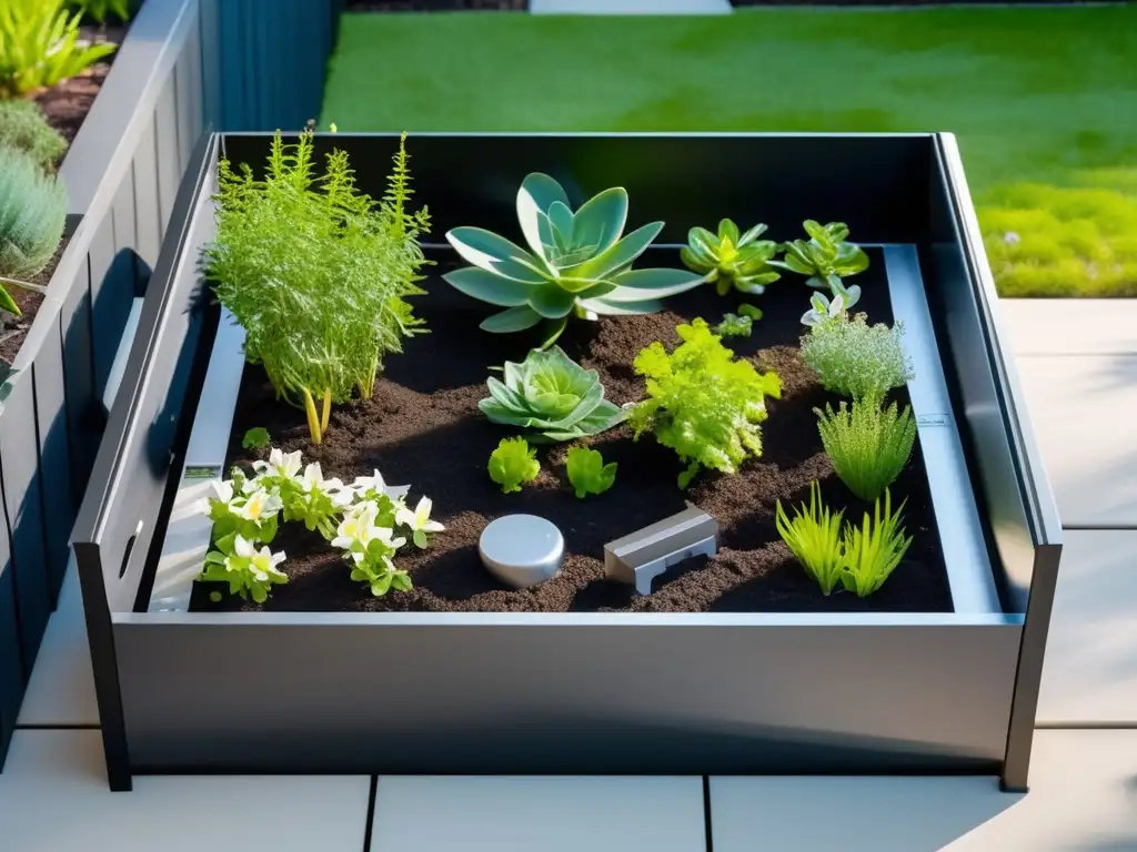 Beneficios del vermicompostaje en casa: Jardín moderno con vermicompostera elegante y vibrante, lleno de plantas, flores y camas elevadas