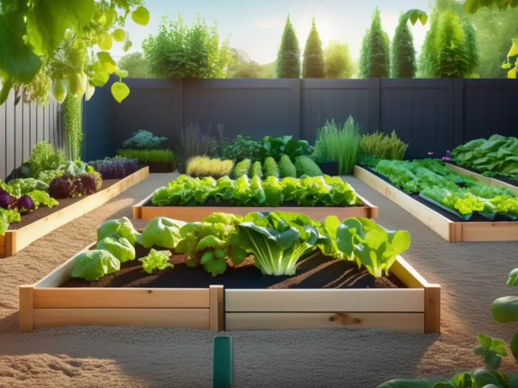 Beneficios de cultivar alimentos en casa: jardín moderno de alta resolución con variedad de vegetales, frutas y hierbas prósperas