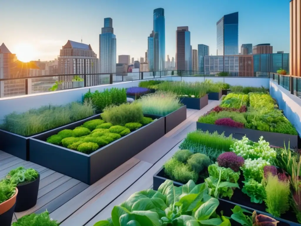 Diseño jardín comestible urbano con plantas vibrantes y variadas en un entorno arquitectónico contemporáneo