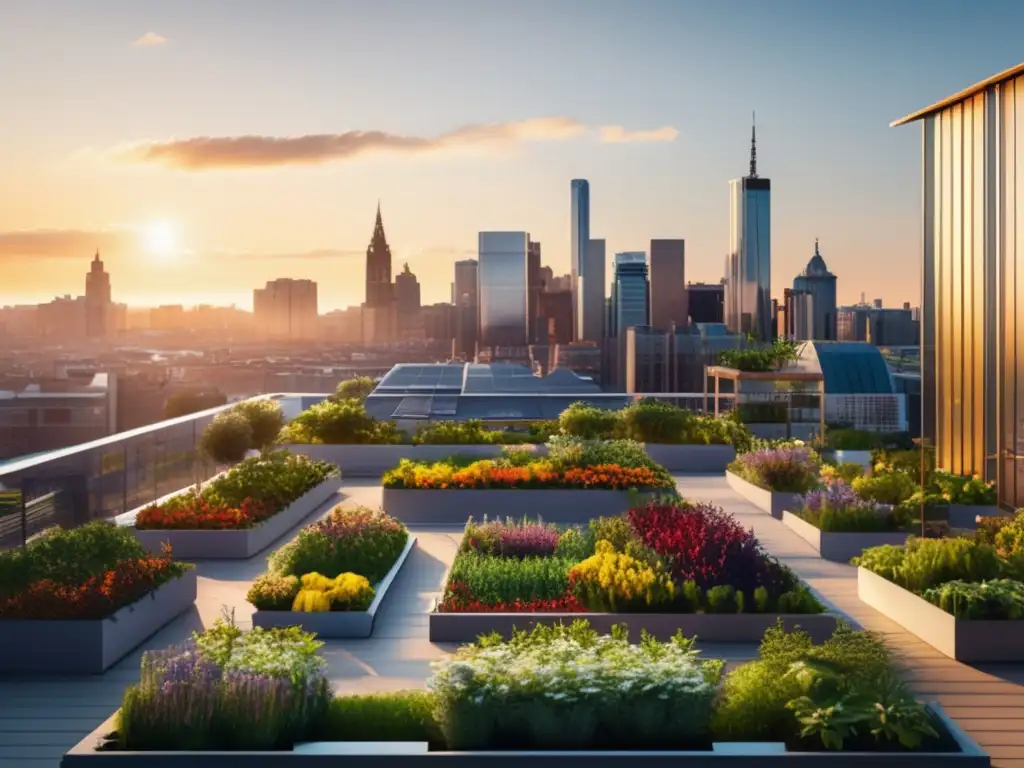 Cultivo de bayas en la ciudad: Guía completa, jardín urbano moderno con vegetación exuberante, flores vibrantes, skyline de la ciudad al fondo