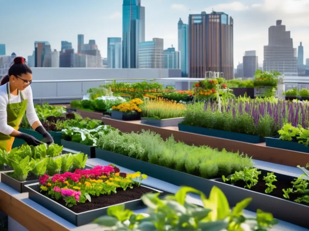 Jardín en azotea con cultivos y plantas en entorno urbano vibrante