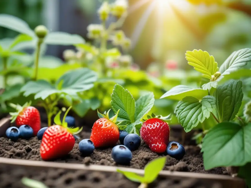 Cultivo de bayas en la ciudad: Guía completa, imagen detallada de un exuberante jardín urbano con plantas de bayas vibrantes