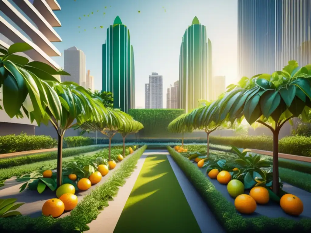 Cultivo de cítricos en la ciudad: Guía completa para principiantes - Jardín urbano con árboles frutales vibrantes y modernos edificios