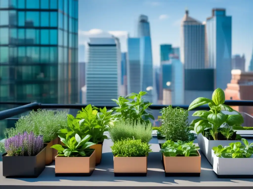 Cultivo de hierbas culinarias en ventana: Jardín urbano lleno de plantas aromáticas en macetas, con vista a la ciudad