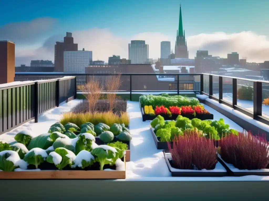 Conservación cultivos urbanos invierno en jardín de techo con vegetación y nieve