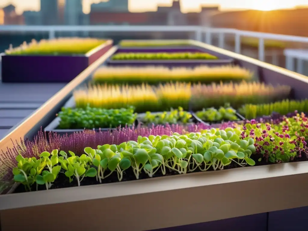 Beneficios del cultivo de microverdes urbanos en un jardín de techo moderno y vibrante, bañado en suave luz dorada