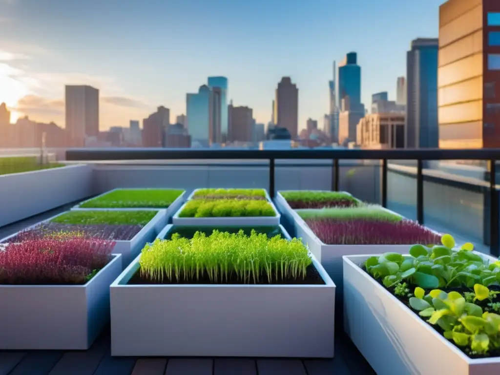 Beneficios cultivo microverdes urbanos: terraza urbana con microverdes vibrantes, skyline impresionante y alta calidad de cultivo