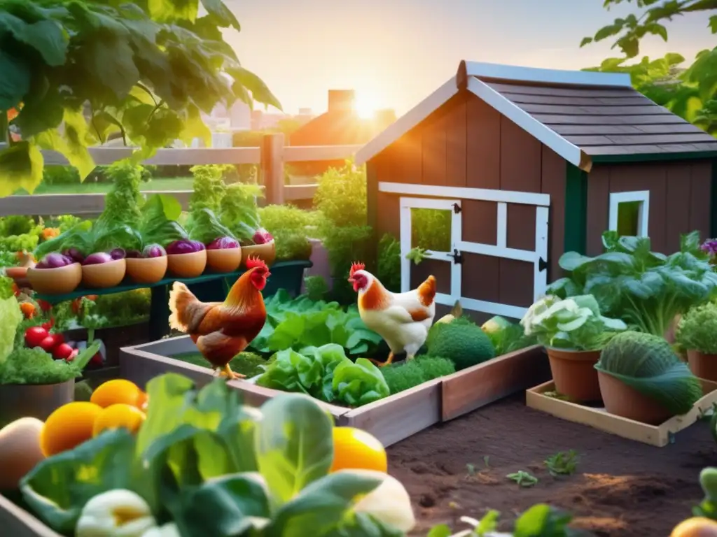 Un jardín urbano vibrante con gallinas, vegetales y flores muestra la belleza de la vida urbana y los beneficios de las gallinas urbanas