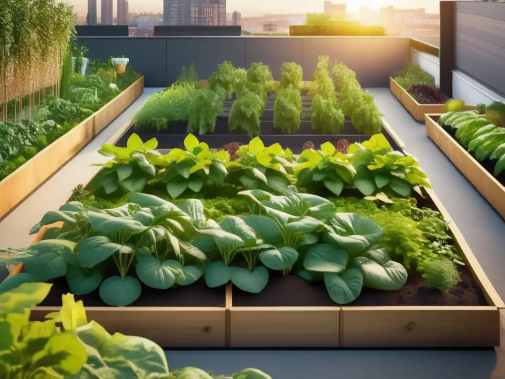 Beneficios de cultivar tubérculos urbanos en un jardín moderno y urbano, lleno de plantas saludables y bañado por la luz dorada