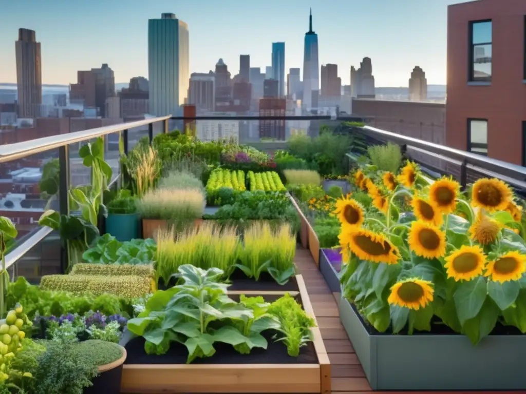 Beneficios de rotación de cultivos urbanos: Jardín urbano diverso con vegetales, maíz, girasoles y hierbas aromáticas