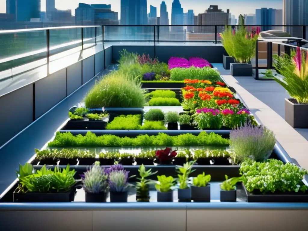 Sistema de riego eficiente en huerto urbano con exuberante vegetación, flores vibrantes y agua cristalina