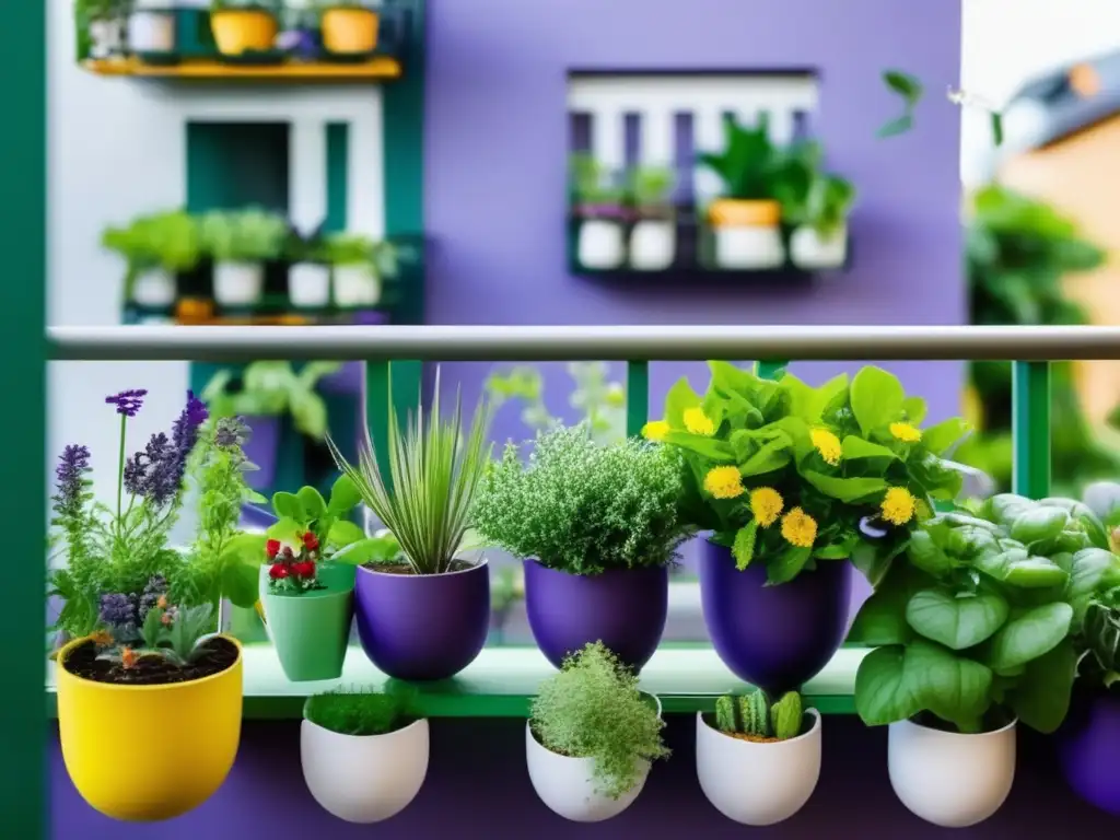 Un huerto urbano en balcones con vibrantes plantas verdes y flores, organizado con vertical planters, colgantes y macetas