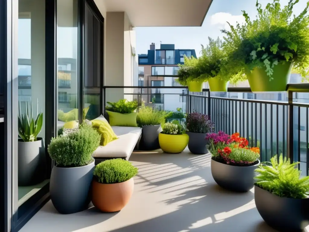 Consejos para huerto urbano en balcones: un vibrante jardín urbano en un balcón moderno