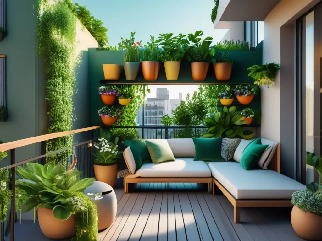 Un balcón urbano convertido en jardín vertical, lleno de plantas y flores, con la ciudad de fondo