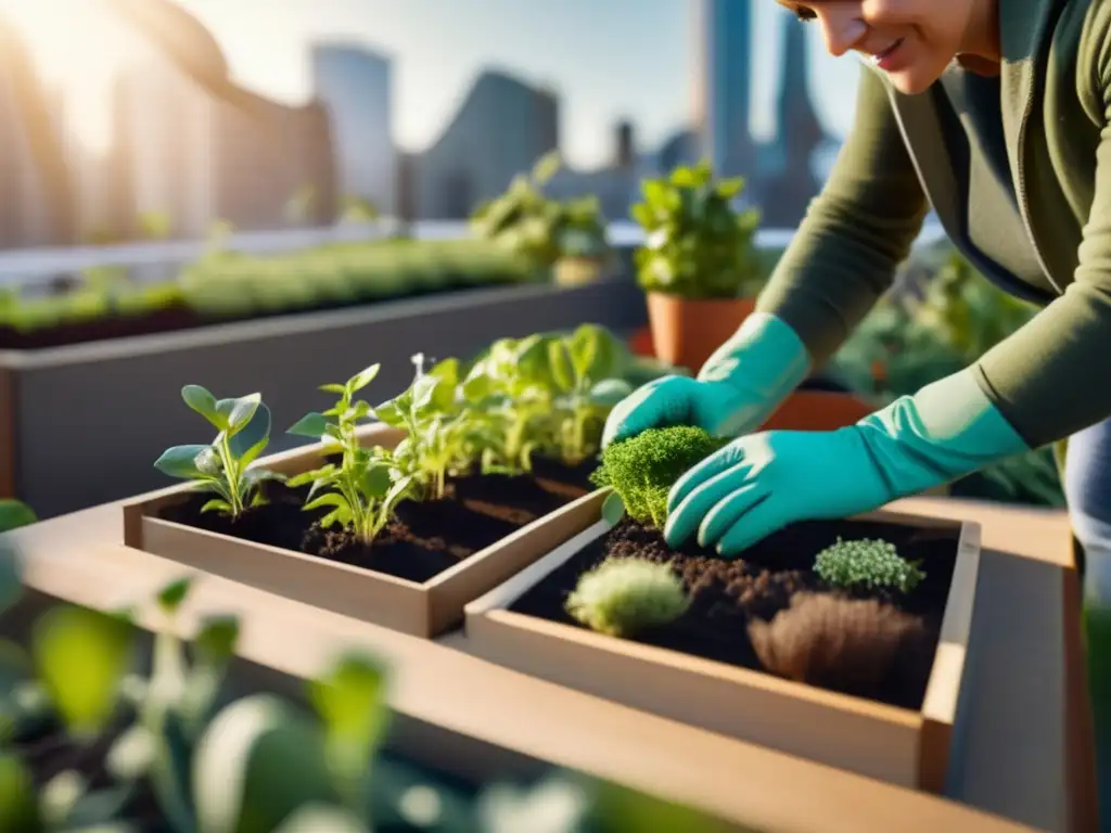 Huerto urbano con preparación todo año: verde vibrante, sembrando semillas con cuidado en un jardín urbano moderno y soleado