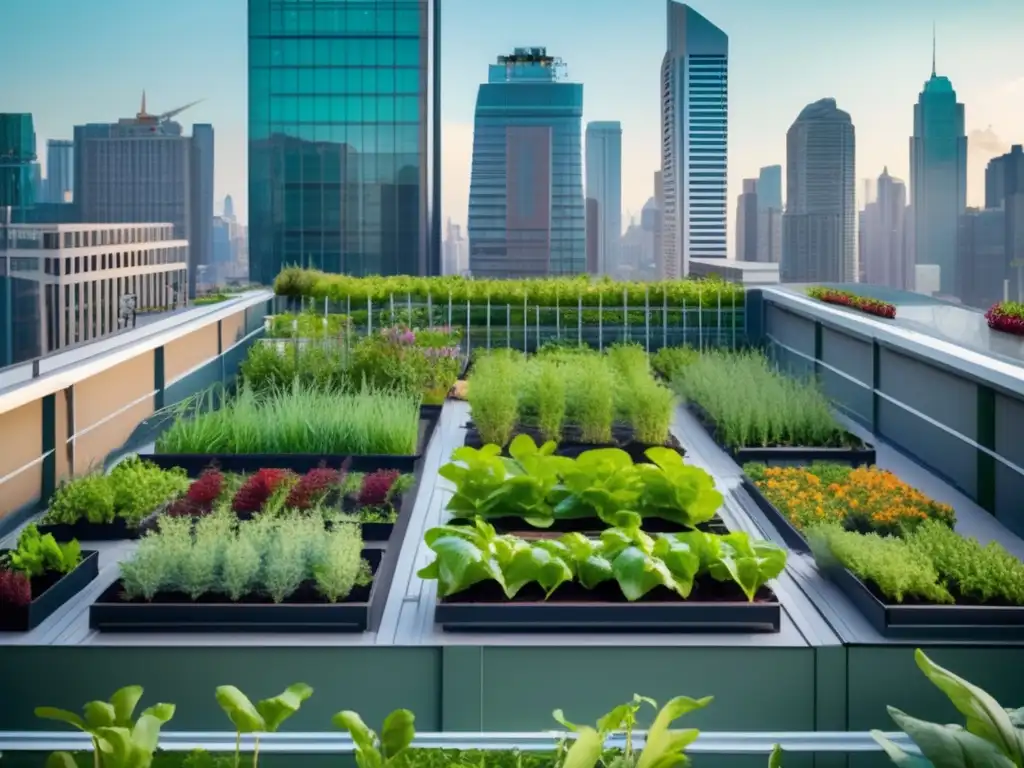 Beneficios rotación cultivos urbanos, jardín urbano con plantas verdes y diversidad en edificio rodeado de rascacielos