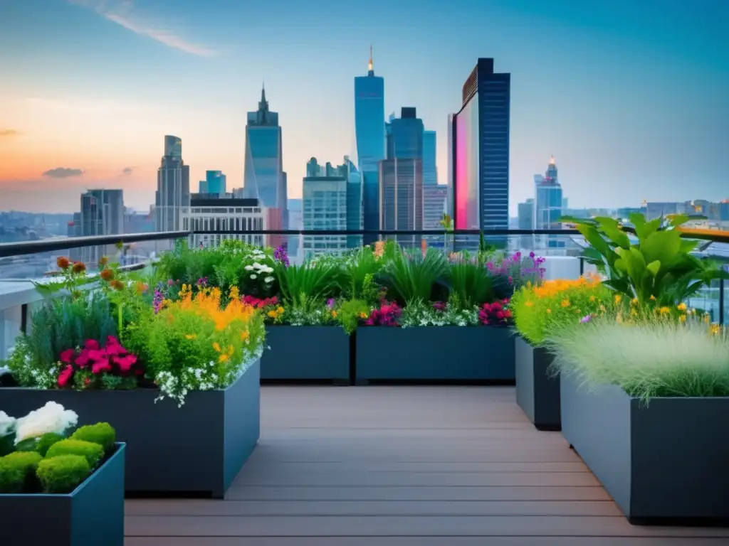 Jardinería en contenedores para espacios pequeños: espectacular terraza verde con plantas vibrantes y contenedores artísticos en una ciudad bulliciosa