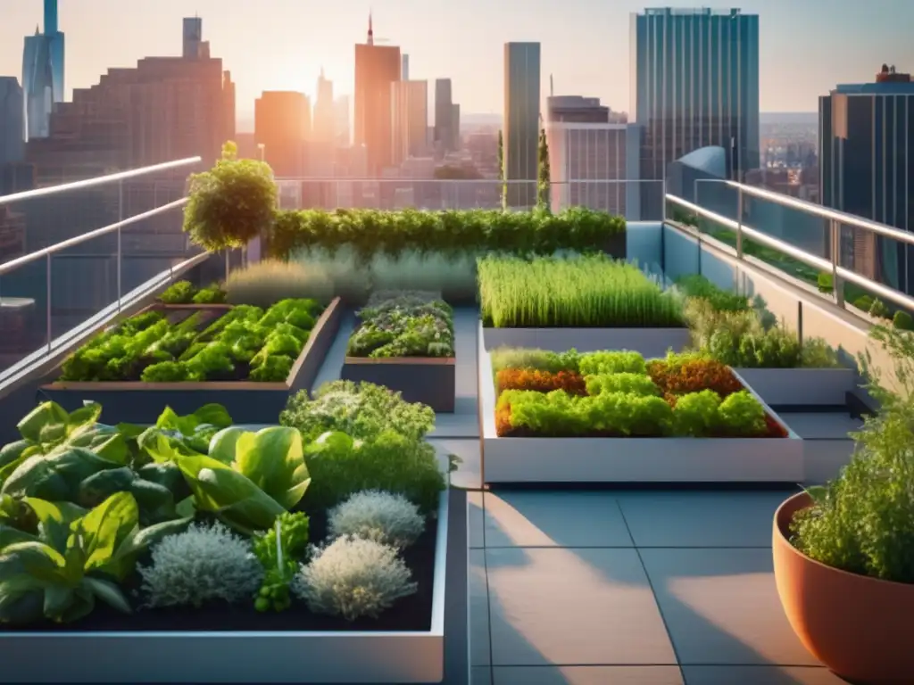 Agricultura urbana: Preparación del suelo y vegetación exuberante en un moderno jardín en la azotea