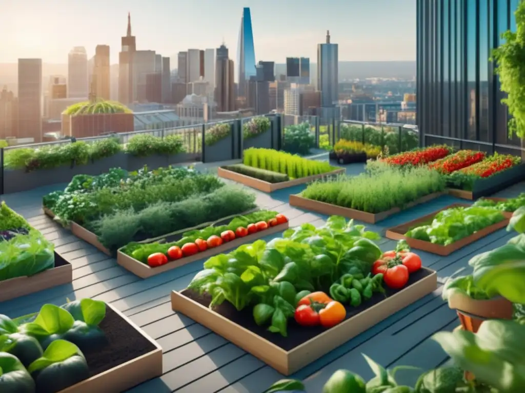 Un jardín urbano vibrante con vegetales, hierbas y edificios altos en contraste