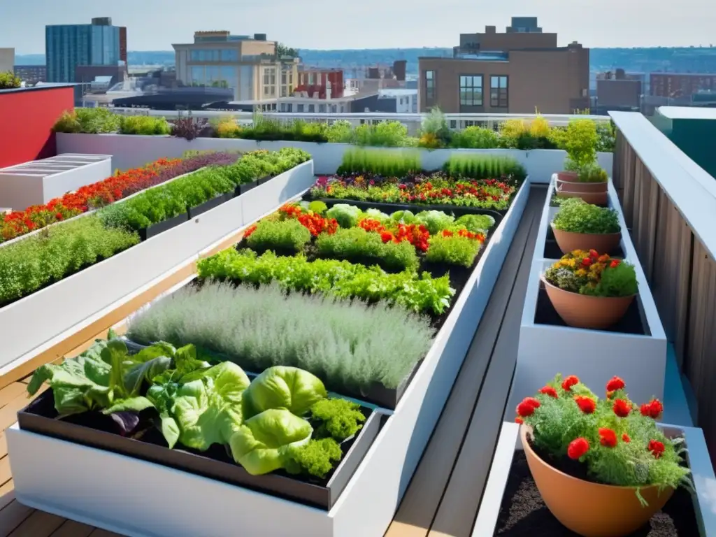 Terraza urbana con jardín, vegetales y flores: Beneficios de la agricultura urbana