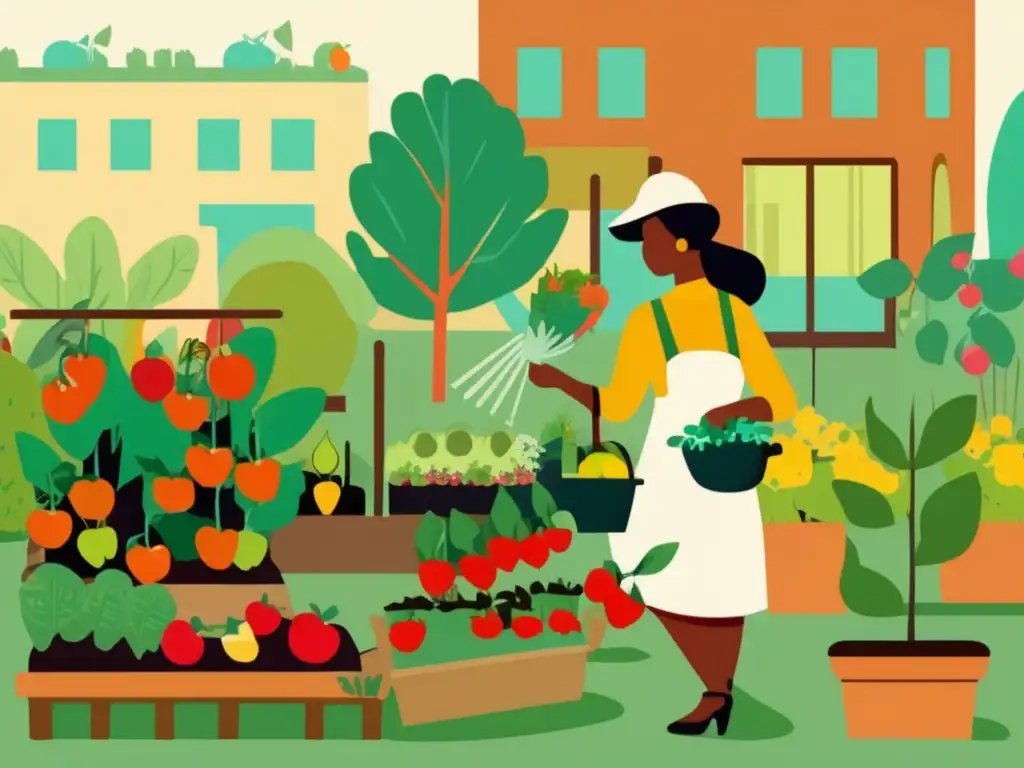 Ilustración vibrante de un jardín urbano con niños de diferentes edades y fondos, cultivando frutas, verduras y flores