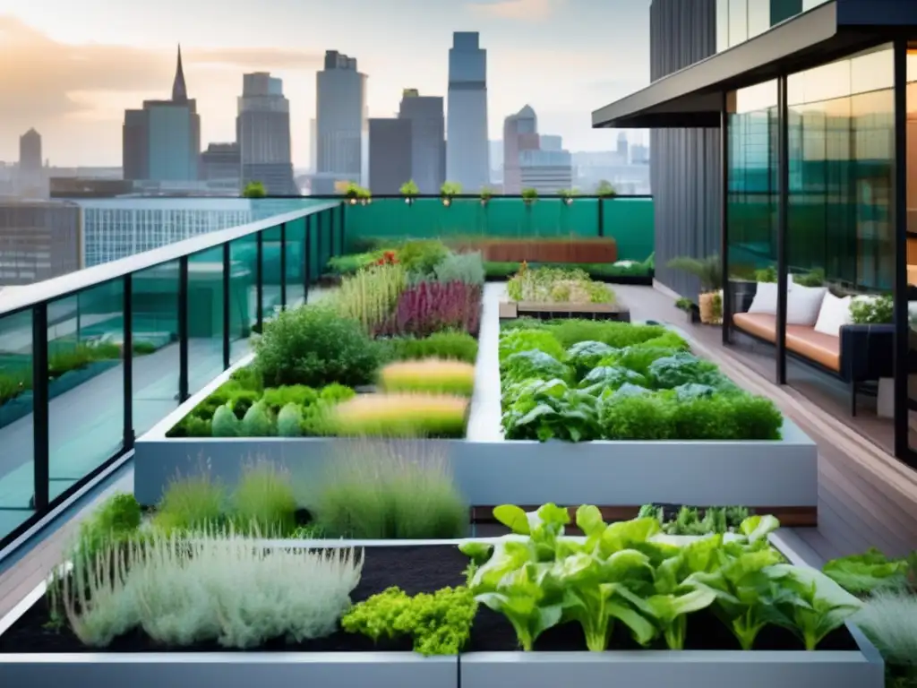 Beneficios de la agricultura urbana en un jardín de techo moderno, lleno de vegetales, hierbas aromáticas y verduras coloridas