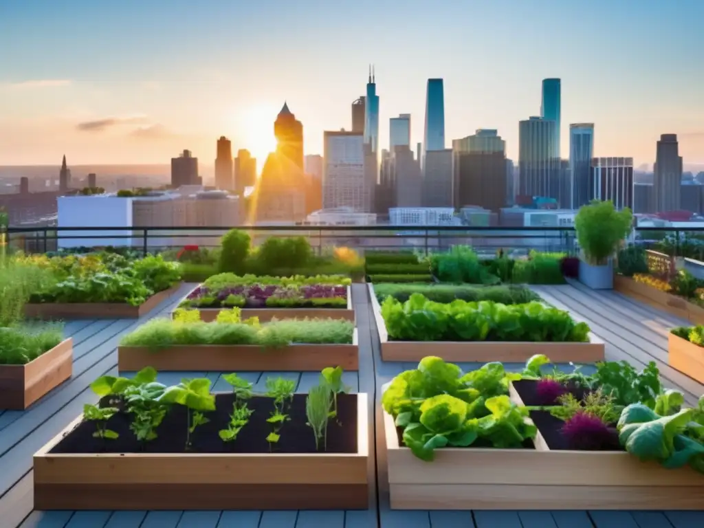 Ventajas huerto urbano para preppers: Jardín urbano vibrante y moderno, lleno de verduras y hierbas verdes, organizado y con vista a la ciudad