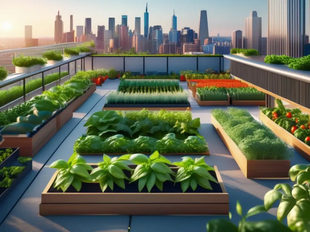 Un jardín urbano vibrante y detallado en 8k, con vegetación exuberante, cultivos coloridos y autosuficiencia en tiempos de crisis