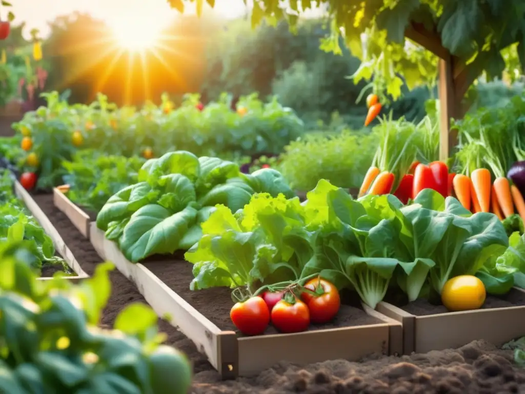 Huerto de supervivencia en emergencias: imagen de un exuberante huerto de vegetales con tomates, pimientos, lechuga, zanahorias y un cobertizo rústico