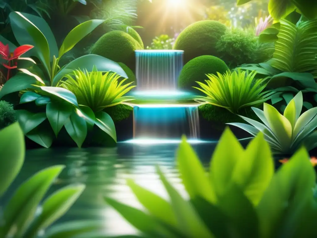 Purificación ecológica de agua con plantas en un jardín exuberante y moderno