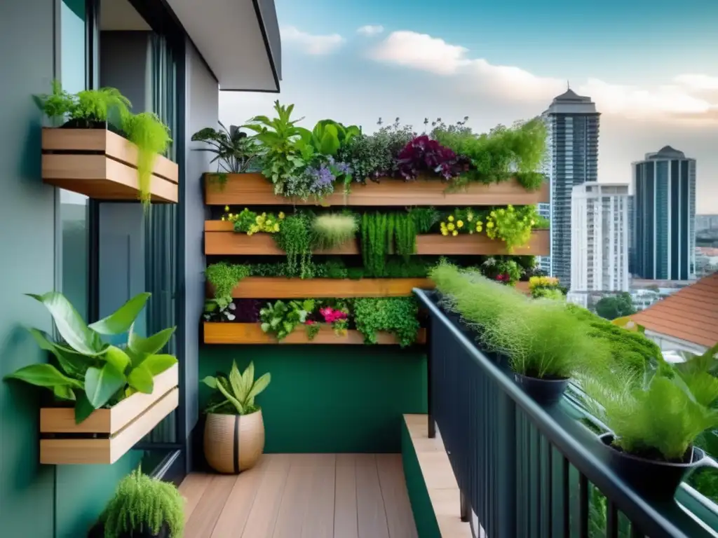 Consejos para huerto urbano en balcones: hermoso jardín vertical en balcón, lleno de plantas verdes, flores y vegetales, maximizando el espacio