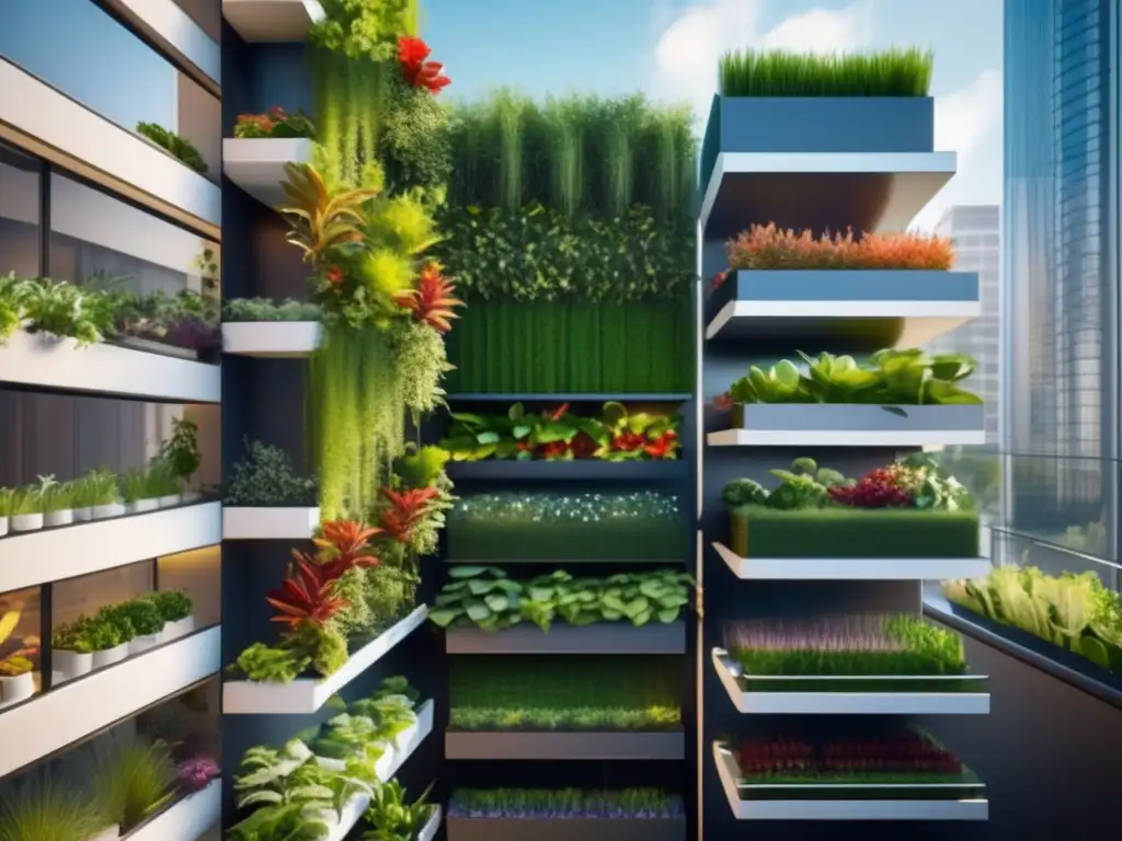 Jardín vertical urbano con cultivo de alimentos sin jardín en una imagen 8k ultradetallada y vibrante