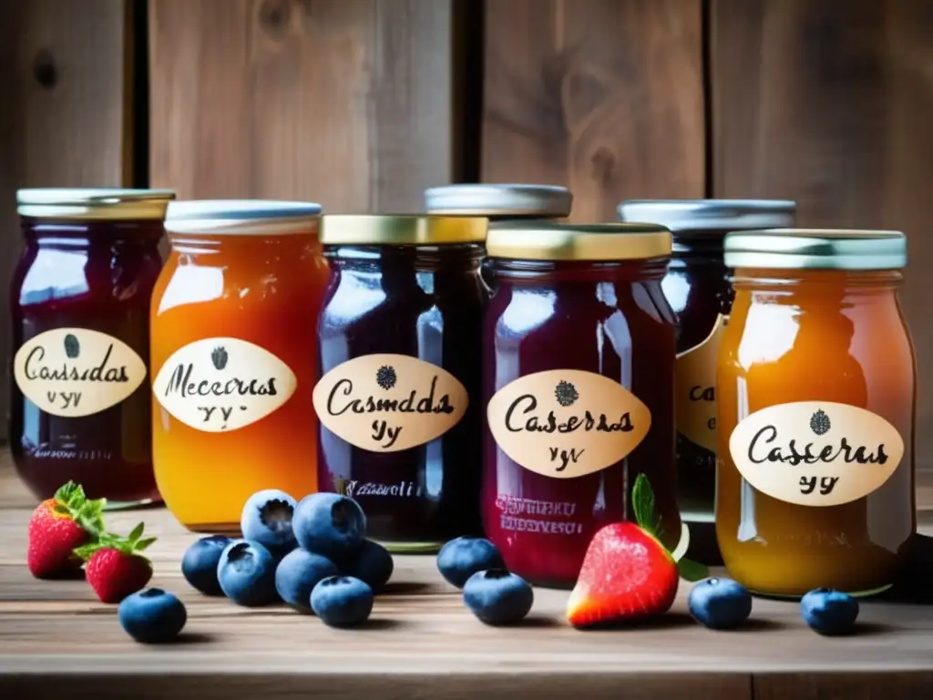 Assortment of vibrant homemade mermeladas y conservas caseras on rustic wooden table (Mermeladas y conservas caseras de supervivencia)