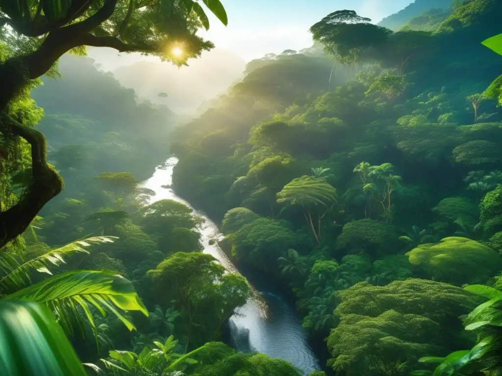 Maravillosa vista de una exuberante selva con árboles altos, ramas entrelazadas y un arroyo cristalino