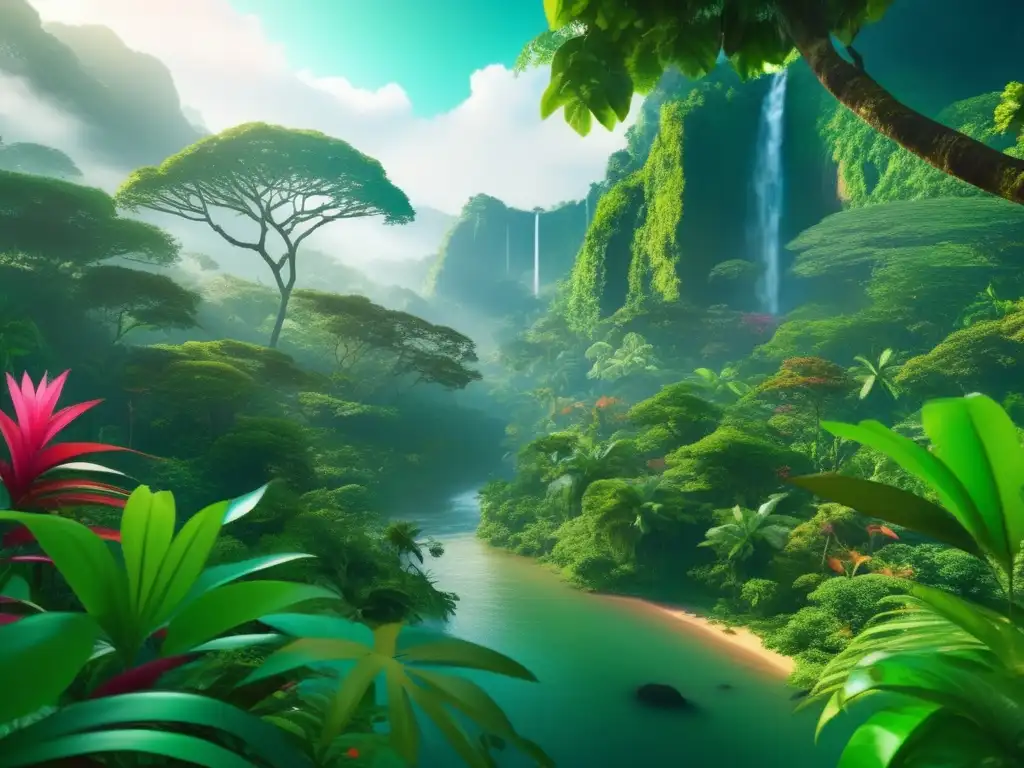 Cursos supervivencia selva recomendados: Imagen de una densa y exuberante jungla en 8k, con árboles altos, vegetación verde y ríos cristalinos