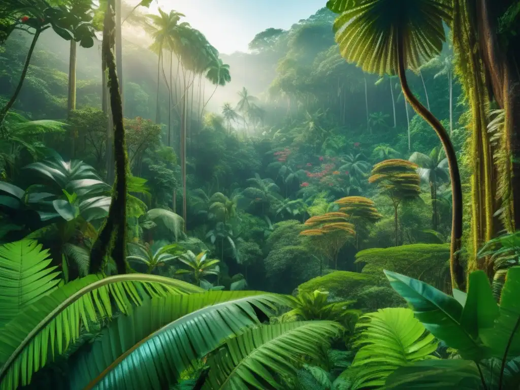 Guía supervivencia selva preppers: Imagen 8K detallada de una exuberante jungla tropical con árboles altos, flores vibrantes y una cascada majestuosa