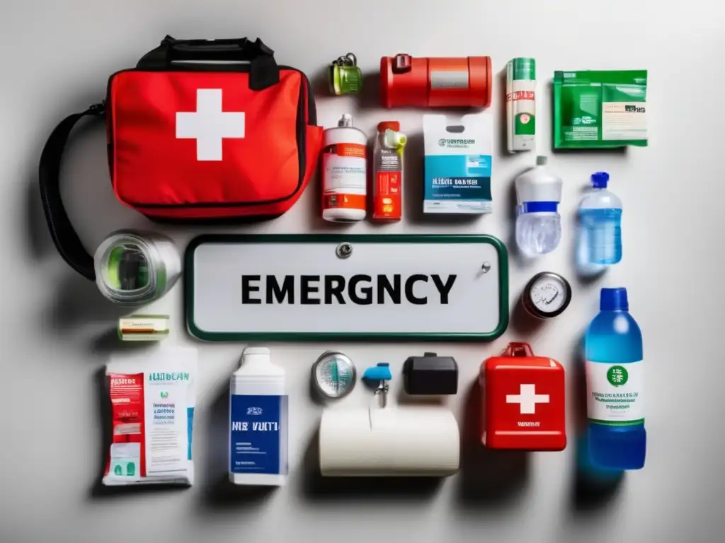 Kit emergencia bien organizado, con elementos esenciales como botiquín, agua, alimentos, linterna, radio y extintor