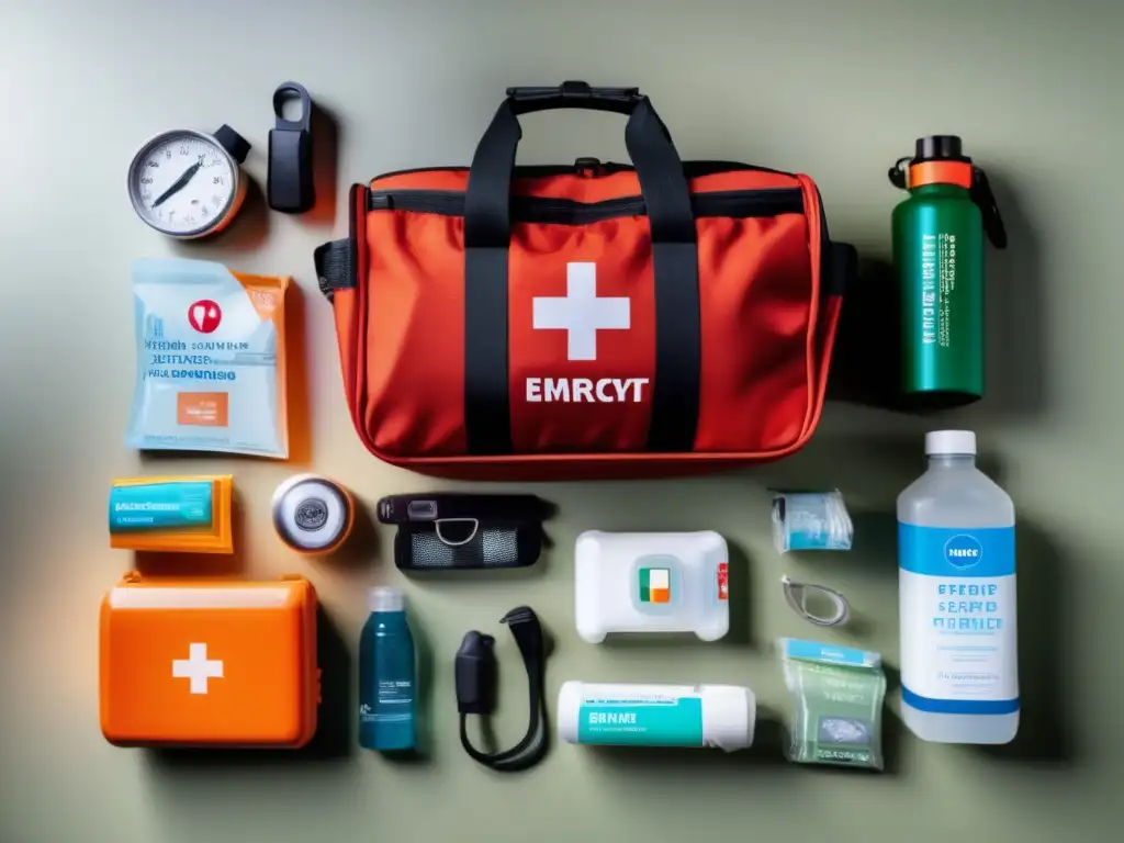 Kit emergencia: suministros primeros auxilios, linterna, radio, comida no perecedera, agua, multiherramienta, cargador portátil