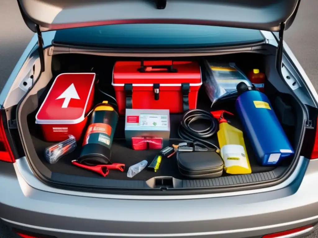 Kit de emergencia para vehículo completo con elementos organizados en un maletero de automóvil moderno