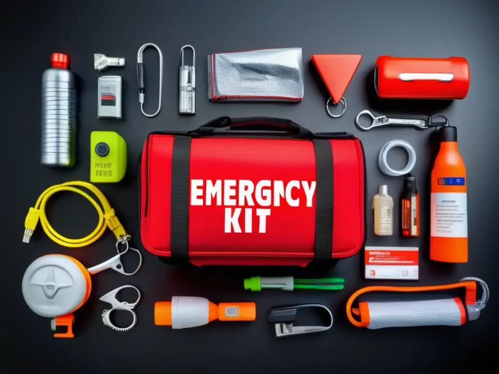 Kit de emergencia carretera: imagen detallada de un kit moderno y completo en superficie negra