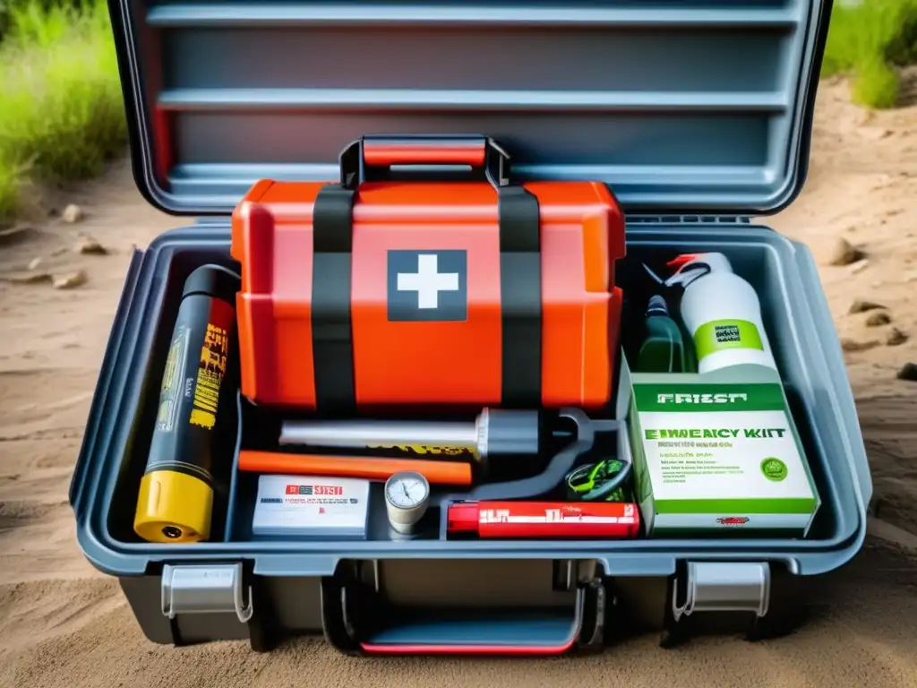 Kit de emergencia para conducción OffRoad: imagen detallada y vibrante de un kit organizado y completo