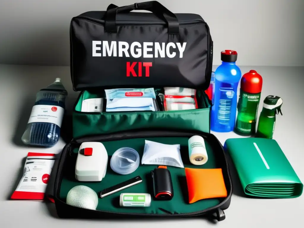 Kit de emergencia organizado con suministros de primeros auxilios, agua, comida no perecedera, linterna, radio portátil, multiherramienta y mapa