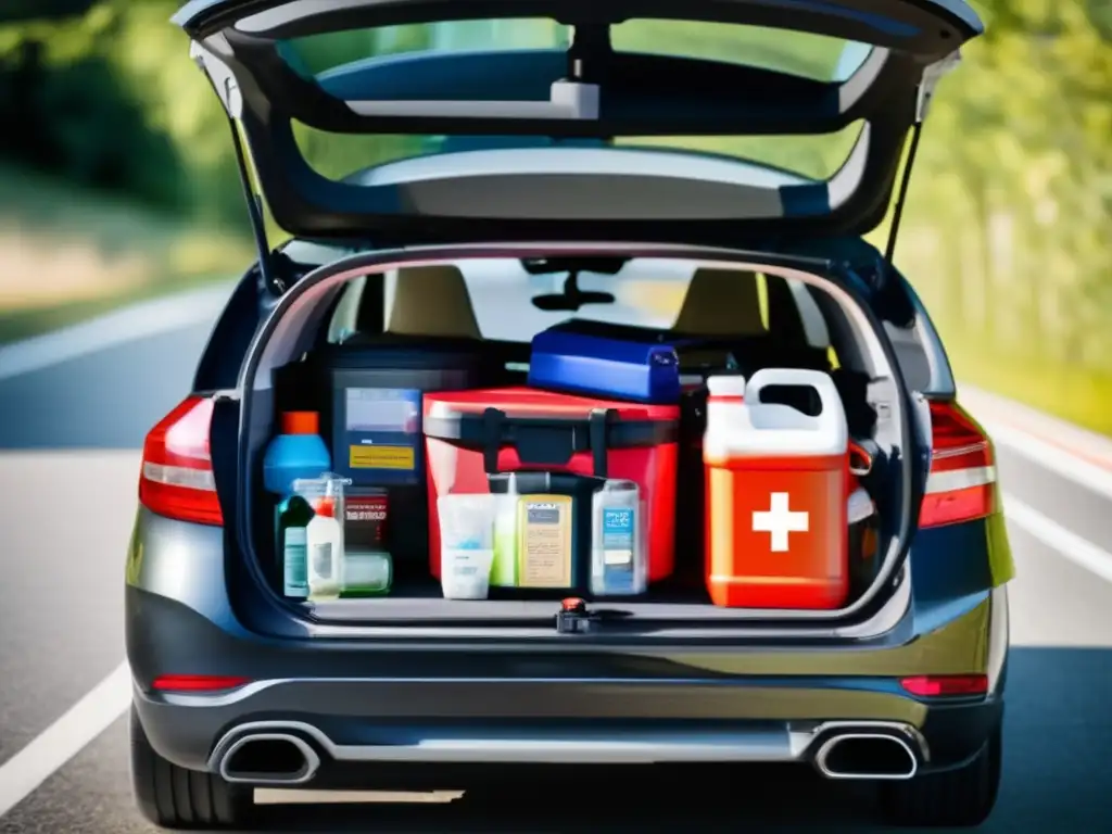 Kit de emergencia para carro: elementos esenciales en un moderno maletero de auto con organización meticulosa