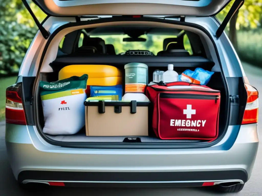 Almacenamiento organizado de elementos esenciales para kit de emergencia en el maletero de un coche