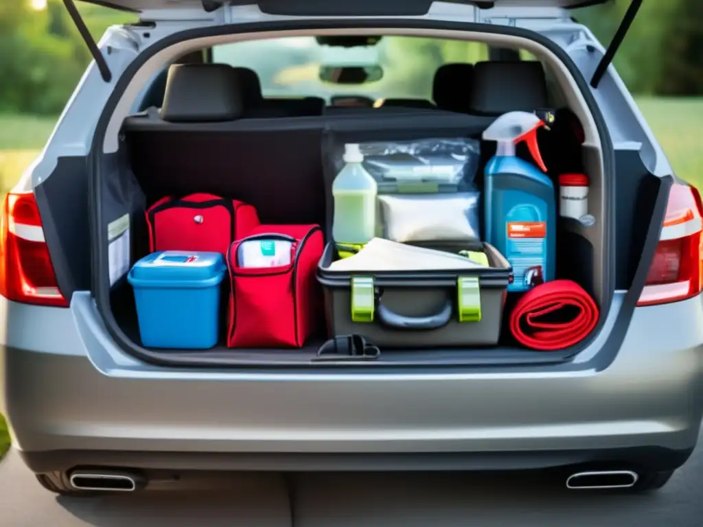 Kit de emergencia para coche: suministros organizados y etiquetados en un maletero espacioso y ordenado